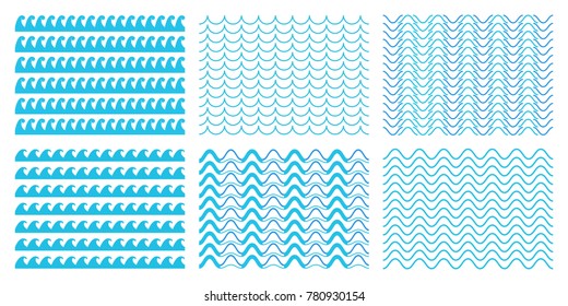 Creative vector illustration of blue sea line ornament set isolated on transparent background. Art design seamless marine wave decoration pattern. Abstract concept curvy, zigzag wavy paper element.