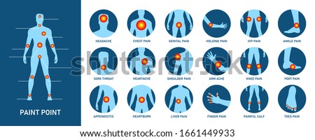 Creative vector illustration of body pain, injury icon set, anatomy silhouette. Design body point pain template. Sore throat, headache, heartache, heartburn. Medical treatment infographics concept.