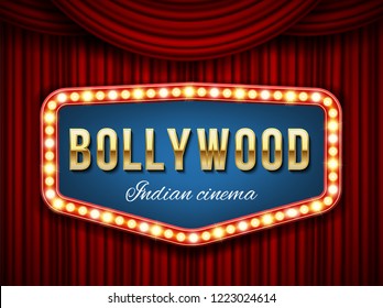 Creative Vector Illustration Of Bollywood Cinema Background. Art Design Indian Movie, Cinematography, Theater Banner Or Poster Template. Abstract Concept Graphic Film Board Element On Red Curtains