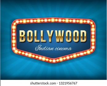 Creative Vector Illustration Of Bollywood Cinema Background. Art Design Indian Movie, Cinematography, Theater Banner Or Poster Template. Abstract Concept Graphic Film Board Element On Red Curtains