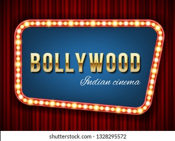 Creative Vector Illustration Of Bollywood Cinema Background. Art Design Indian Movie, Cinematography, Theater Banner Or Poster Template. Abstract Concept Graphic Film Board Element On Red Curtains