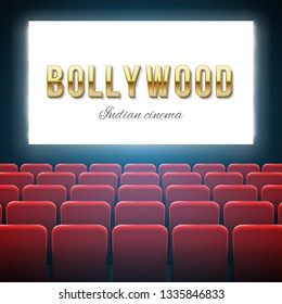 Creative vector illustration of bollywood cinema background. Art design indian movie, cinematography, theater banner or poster template. Abstract concept graphic film board element on red curtains