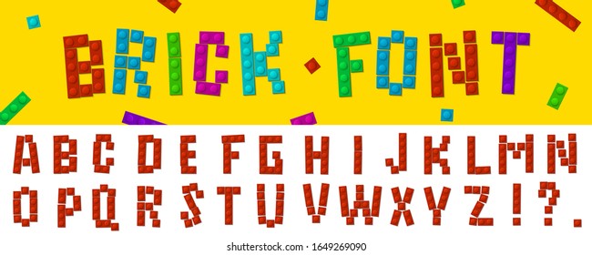 Creative vector illustration of brick font constructor alphabet isolated on background. Art design building blocks, letters template. Abstract concept graphic colorful plastic construction element