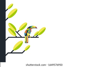 Creative vector illustration in bright colors of a tropical bird - Toucan sits on a tree branch on a white background with copy space