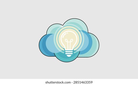 Creative vector illustration of a bright glowing light bulb nested inside overlapping blue cloud shapes.