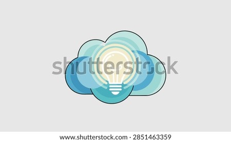 Creative vector illustration of a bright glowing light bulb nested inside overlapping blue cloud shapes.