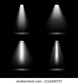 Creative vector illustration of bright lighting spotlights set, light sources isolated on transparent background. Art design beam for concert, scene illumination. Abstract concept graphic element