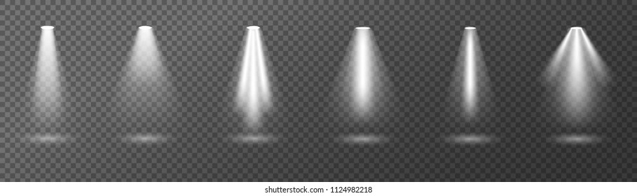 Творческая векторная иллюстрация из набора ярких световых прожекторов, изолированных источников света на прозрачном фоне. Художественный дизайн балки для концерта, освещения сцены. Графический элемент абстрактной концепции
