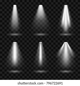 Creative vector illustration of bright lighting spotlights set, light sources isolated on transparent background. Art design beam for concert, scene illumination. Abstract concept graphic element.