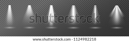 Creative vector illustration of bright lighting spotlights set, light sources isolated on transparent background. Art design beam for concert, scene illumination. Abstract concept graphic element