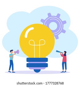 Ilustración vectorial creativa de un concepto de negocio. Los empresarios piensan en las ideas para construir un negocio. Negocios exitosos y felices.