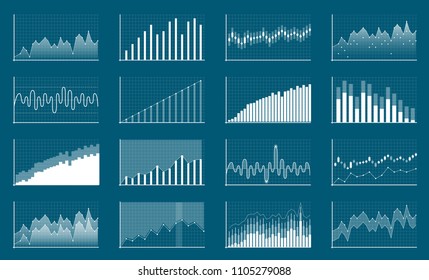 Creative vector illustration of business data financial charts. Finance diagram art design. Growing, falling market stock analysis graphics set. Concept graphic report element. Profit summary tools