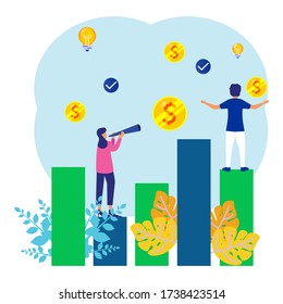Creative vector illustration of business graphics, 2 young business people involved in construction with column graphics, career growth towards success, flat color icons, business analysis.
