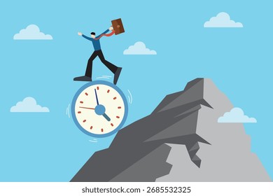 Creative vector illustration of a businessman walking down the mountain on a clock, symbolizing career journey, time management, business challenges, change, and balance in achieving goals.