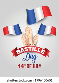 Creative vector Illustration, Card, Banner Or Poster For The French National Day. Happy Bastille Day. Hand holding France flag design. vector illustration design	
