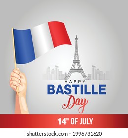 Creative vector Illustration, Card, Banner Or Poster For The French National Day. Happy Bastille Day. Hand holding France flag design. vector illustration	