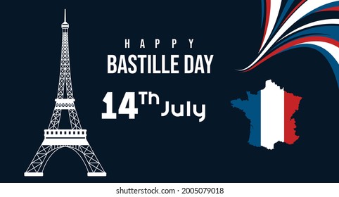 Creative Vector Illustration, Card, Banner Or Poster with
 has color of french flag and eiffel tower icon For French National Day.Happy Bastille Day