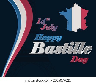 Creative Vector Illustration, Card, Banner Or Poster with
 has color of french flag and eiffel tower icon For French National Day.Happy Bastille Day