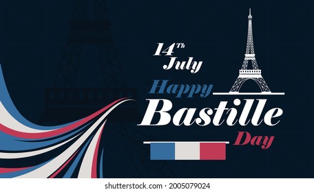 Ilustración vectorial creativa, tarjeta, cartel o afiche con
 tiene el color de la bandera francesa y el ícono de la torre de eiffel para el Día Nacional Francés. Feliz Día de la Bastilla