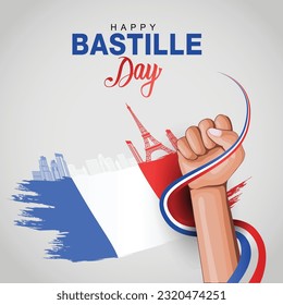 Creative vector Illustration, Card, Banner Or Poster For The French National Day. Happy Bastille Day. Hand holding France flag design. vector illustration	