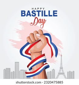 Creative vector Illustration, Card, Banner Or Poster For The French National Day. Happy Bastille Day. Hand holding France flag design. vector illustration	