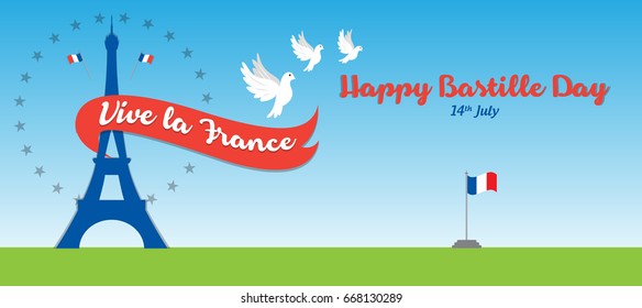 Creative Vector illustration, card, banner or poster for the French National Day. Happy Bastille Day greetings card design. 14th july independence day vive la france.