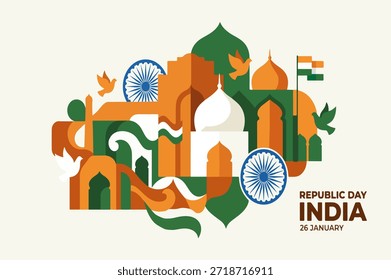 Ilustración vectorial creativa que celebra el Día de la República de la India con monumentos icónicos, Ashoka Chakra, palomas y Elementos tricolores en un estilo de diseño plano moderno.