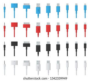 Creative vector illustration of cellphone usb charging plugs cable isolated on transparent background. Art design smart phone universal recharger accessories. Type-c interfaces, connect ports element