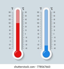 Creative vector illustration of celsius, fahrenheit meteorology thermometers scale isolated on background. Heat, hot, cold signs. Art design equipment. Weather temperature. Abstract concept graphic.
