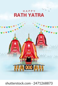 Ilustración vectorial creativa del carruaje de Lord Jagannath, Balabhadra y Subhadra en Rathayatra anual en el fondo del festival de Odisha