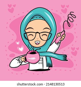 creative vector illustration of a chef in a cute hijab with a cup of coffee