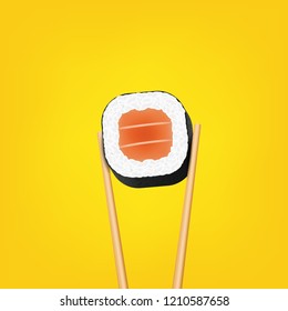 Creative vector illustration of chopsticks holding sushi salmon pieces roll isolated on transparent background. Art design snack template. Abstract concept restaurant, bar, shop menu graphic element