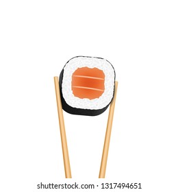 Creative vector illustration of chopsticks holding sushi salmon pieces roll isolated on transparent background. Art design snack template. Abstract concept restaurant, bar, shop menu graphic element