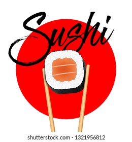 Creative vector illustration of chopsticks holding sushi salmon pieces roll isolated on transparent background. Art design snack template. Abstract concept restaurant, bar, shop menu graphic element