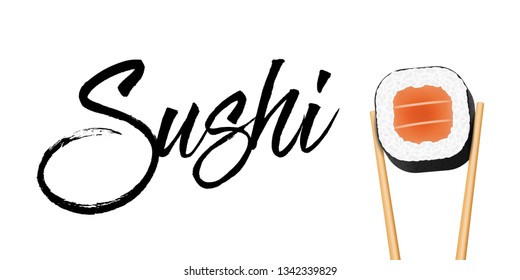 Creative vector illustration of chopsticks holding sushi salmon pieces roll isolated on transparent background. Art design snack template. Abstract concept restaurant, bar, shop menu graphic element