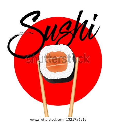 Creative vector illustration of chopsticks holding sushi salmon pieces roll isolated on transparent background. Art design snack template. Abstract concept restaurant, bar, shop menu graphic element