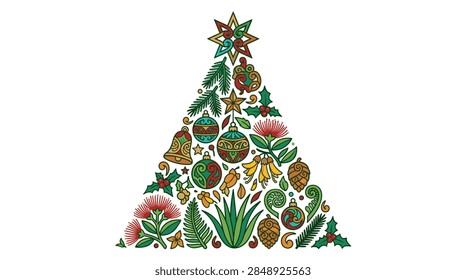 A creative vector illustration of a Christmas tree formed by a collection of detailed icons. The design features a blend of traditional holiday elements like bells, pine cones, and stars alongside New Zealand flora such as red pohutukawa flowers, yellow kowhai blooms, and silver ferns. The artwork uses a festive color palette of red, green, and gold with bold black outlines on a clean white background.