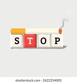 Creative vector illustration with a cigarette resting on cubes, each labeled with one letter of the word "STOP". Perfect for celebrating World No Tobacco Day, educational media, or public health ads