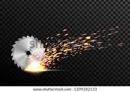 Creative vector illustration of circular saw blade for wood, metal work with welding metal fire sparks isolated on transparent background. Art design template. Abstract concept graphic weld element