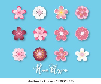 Creative vector illustration collection of plum blossom paper cut style isolated on blue background. Paper art digital craft for Shirt design, textile pattern, wallpaper, Travel brochure decorative.
