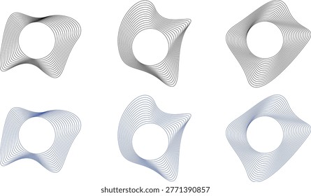 A creative vector illustration collection of six deformed circular frames featuring dynamic line waves in black and blue ideal for modern technology branding logos and artistic posters.