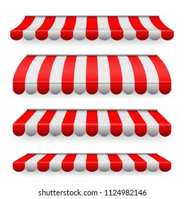 Creative vector illustration of colored striped awnings set for shop, restaurants and market store in different forms isolated on transparent background. Art design. Abstract concept graphic element