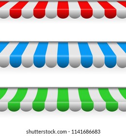 Creative vector illustration of colored striped awnings set for shop, restaurants and market store in different forms isolated on transparent background. Art design. Abstract concept graphic element