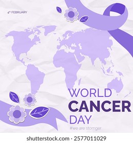 A creative vector illustration commemorating World Cancer Day, showcasing a floral design around a map on February 4th, perfect for health awareness campaigns.