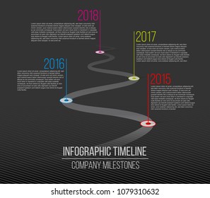 Creative vector illustration of company milestones timeline. Template with pointers. Curved road line art design with information placeholders. Abstract concept graphic element. History chart.