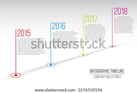 Creative vector illustration of company milestones timeline. Template with pointers. Curved road line art design with information placeholders. Abstract concept graphic element. History chart.