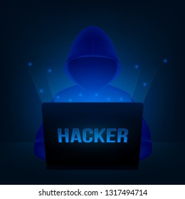 Creative vector illustration of computer hacker with hoodie and dark obscured face, pc laptop on background. Art design cybersecurity, internet security template. Abstract concept graphic element