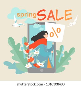 Creative vector illustration concept of online sales and advertising in mobile applications with a girl holding a placard. Funny character for an advertising banner or flyer