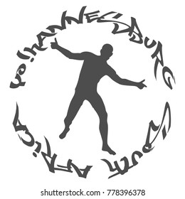 A creative vector illustration consisting of a silhouette of a hip hop dancer isolated on a white background