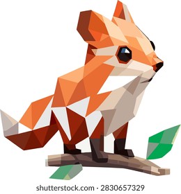 A creative vector illustration of a cute orange fox or squirrel-like animal perched on a branch, designed in modern low poly geometric art style. Isolated on a clean white background, perfect for children's designs and digital graphics.